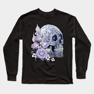 Unique Cool Blue Floral Purple Flowers Skull Long Sleeve T-Shirt